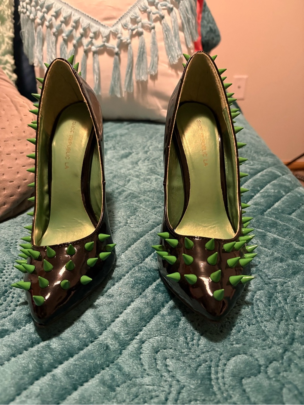 Shoe Republic LA Black Patent Pointed Heels with Green Spikes